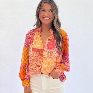 Entro Boho Print Billowy Colorful Patchwork Blouse Size S